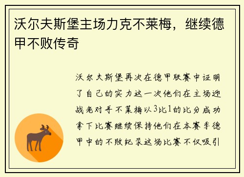 沃尔夫斯堡主场力克不莱梅，继续德甲不败传奇